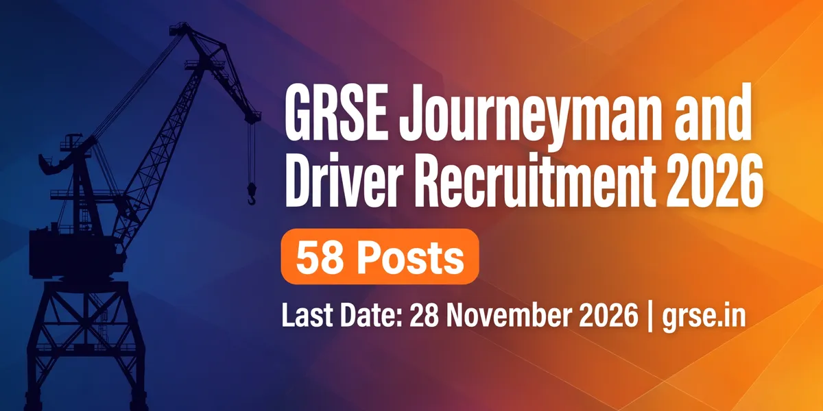 GRSE Journeyman and Driver Recruitment 2026: 58 Padon ke liye Online Aavedan, Last Date 28 November 2026