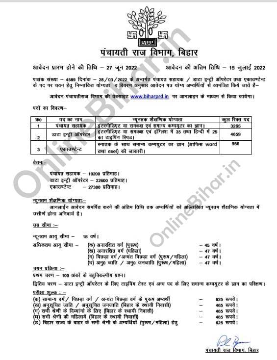 Bihar Panchayat Sahayak DEO Reqruitment 2022