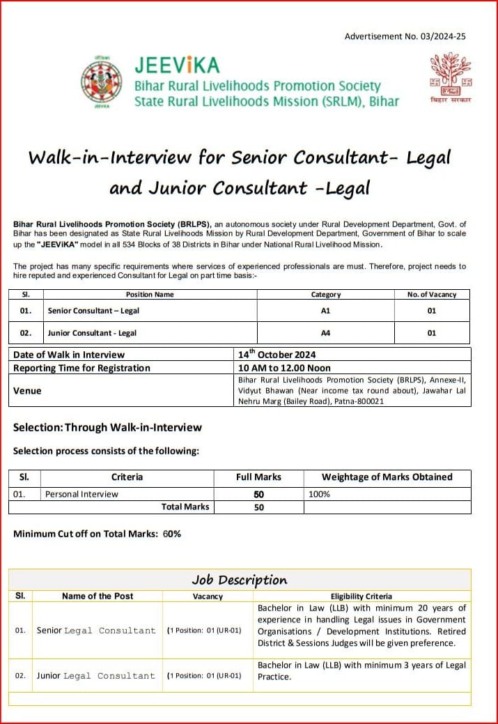 Bihar Jeevika New Vacancy 2024